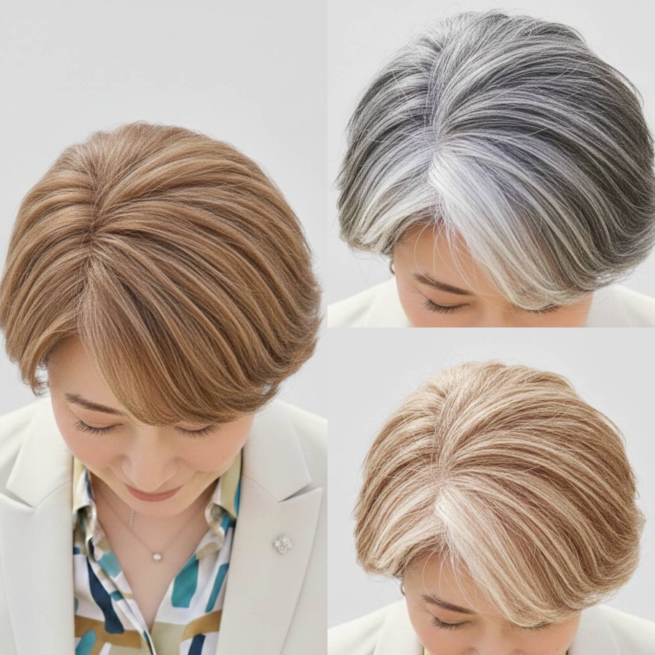 白髪率がかなり多い方は思い切って全頭ブリーチもあり。ブリーチをしたら画像の右下の感じになって、そこにカラーをすると左の感じに。